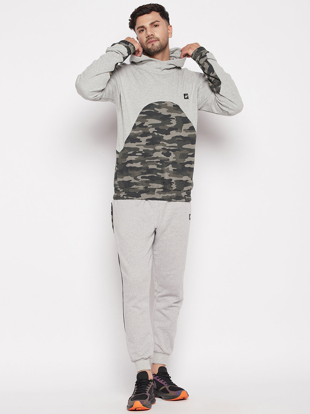 Grey Camo Cut-Sew Hoodie Sweatshirt