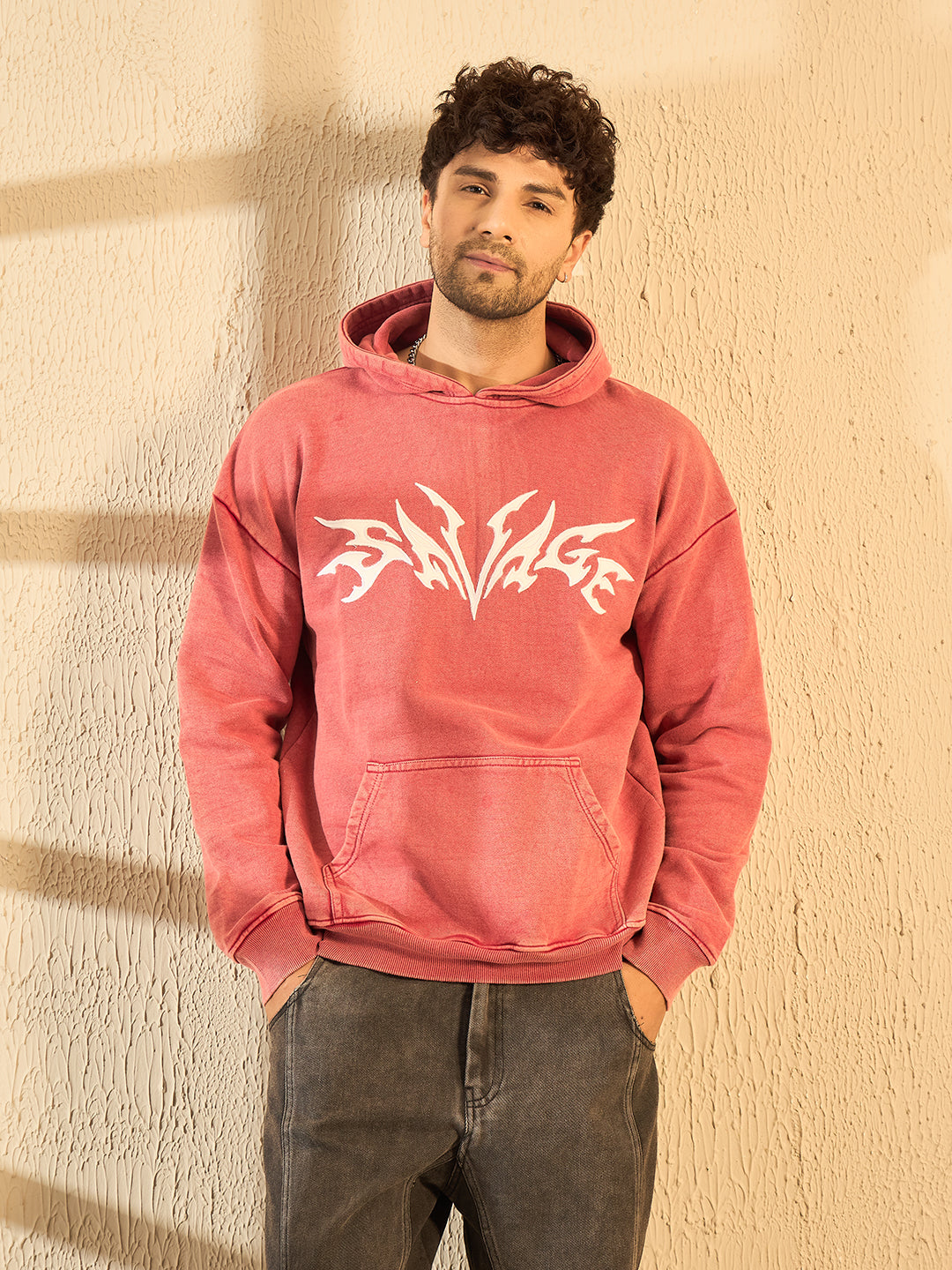 Peach Mineral Wash Heavyweight Embroidered Oversized Hoodie For Men