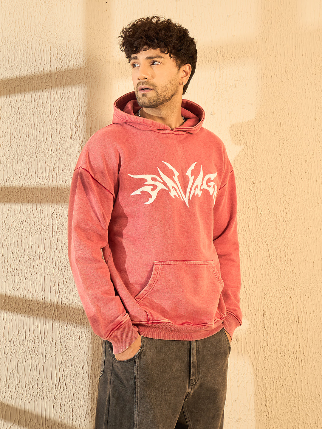 Peach Mineral Wash Heavyweight Embroidered Oversized Hoodie For Men