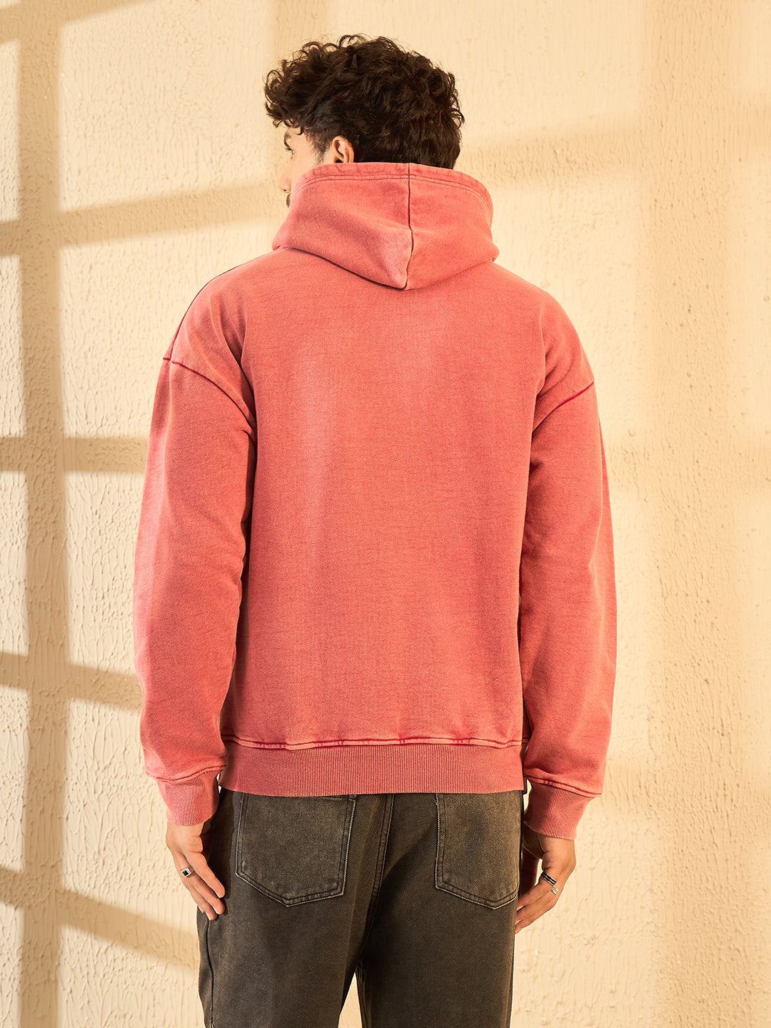 Peach Mineral Wash Heavyweight Embroidered Oversized Hoodie For Men