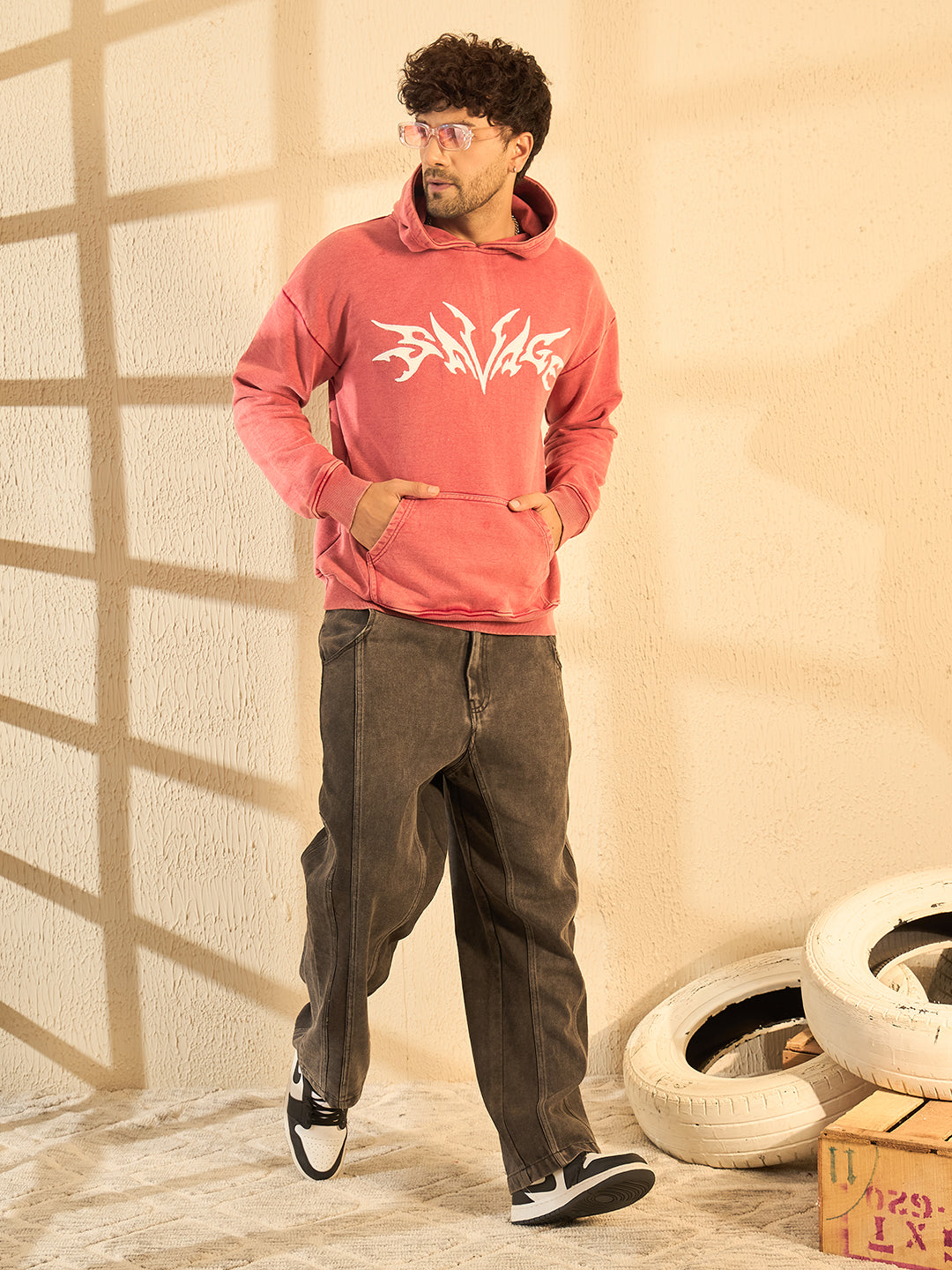 Peach Mineral Wash Heavyweight Embroidered Oversized Hoodie For Men
