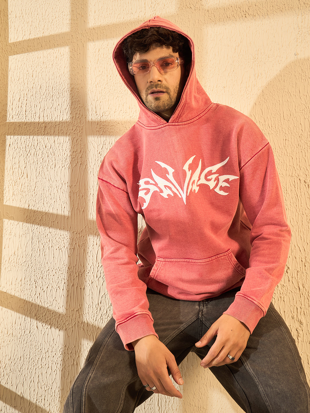 Peach Mineral Wash Heavyweight Embroidered Oversized Hoodie For Men
