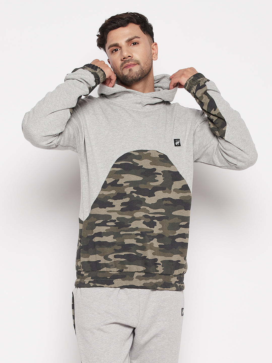 Grey Camo Cut-Sew Hoodie Sweatshirt