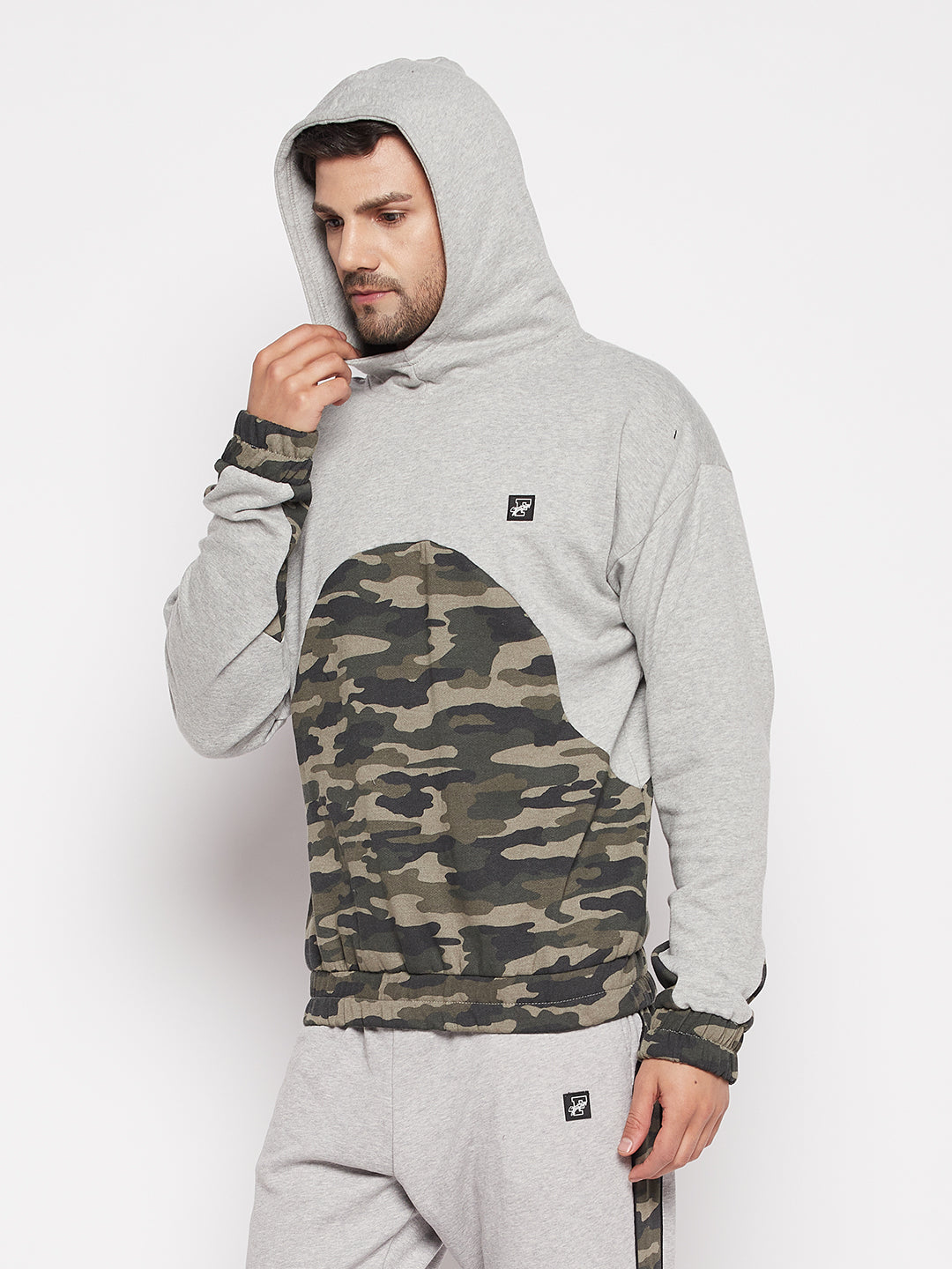 Grey Camo Cut-Sew Hoodie Sweatshirt