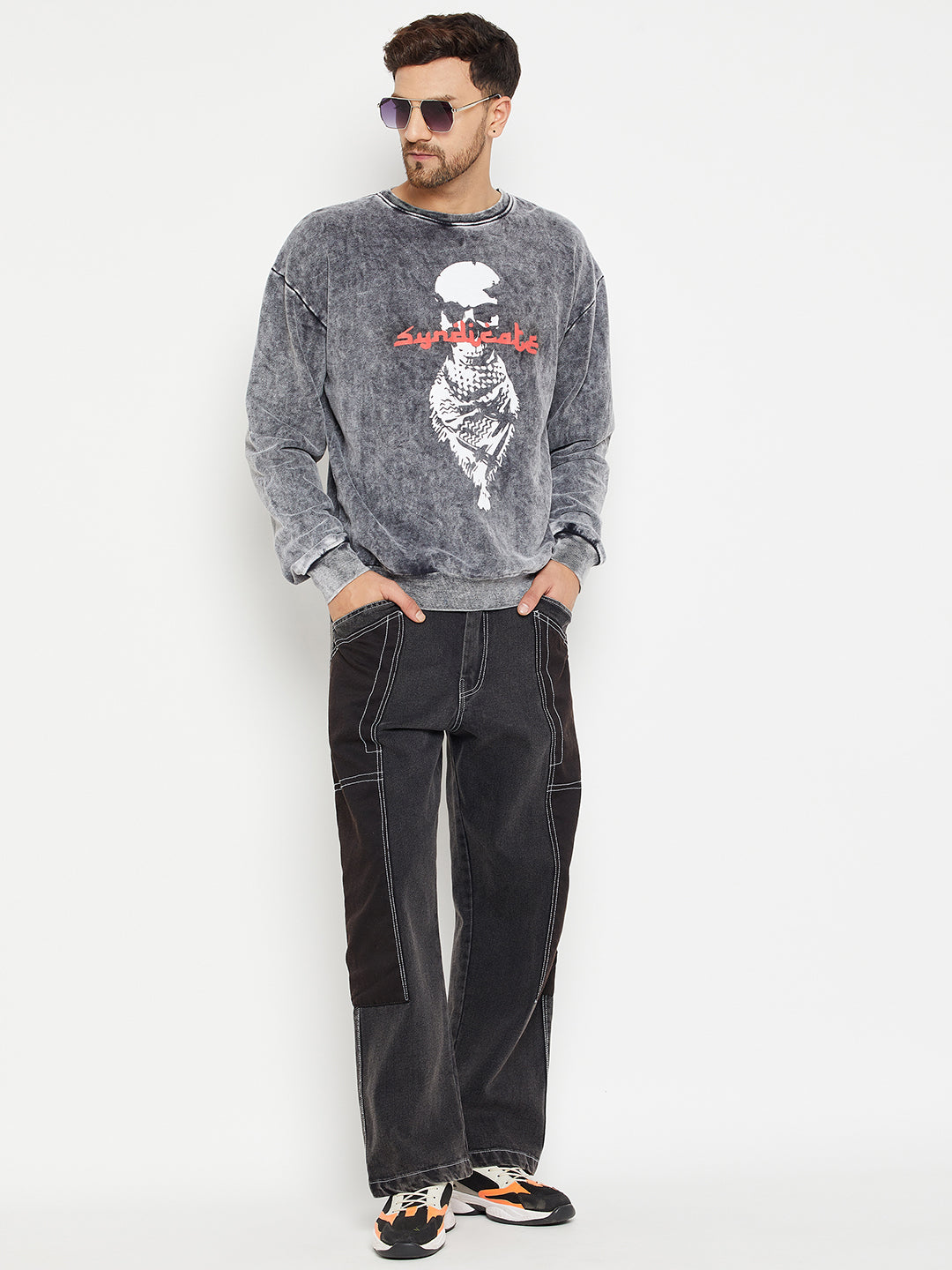 Grey Acid Wash Syndicate Graphic Sweatshirt for Men