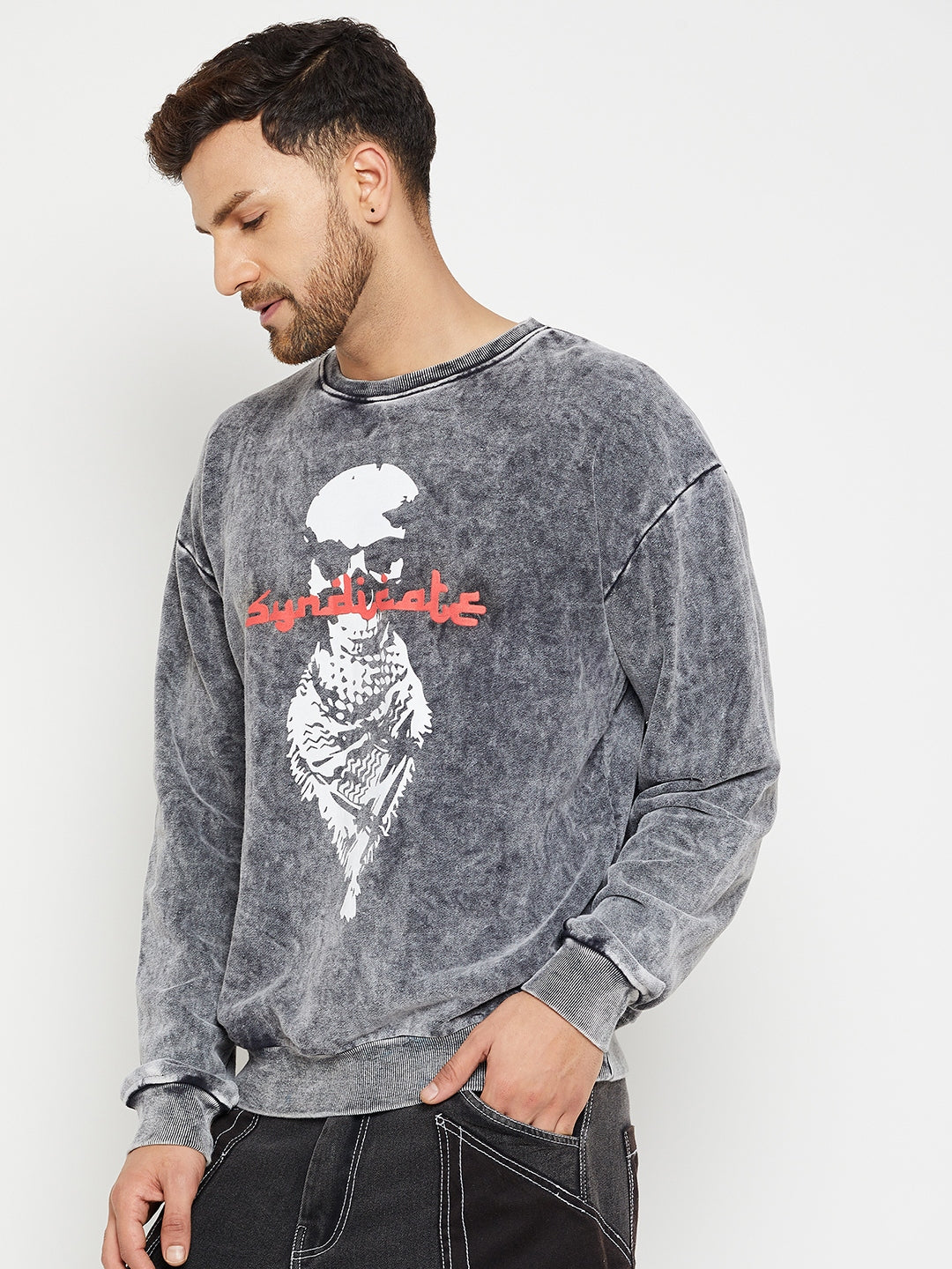 Grey Acid Wash Syndicate Graphic Sweatshirt for Men