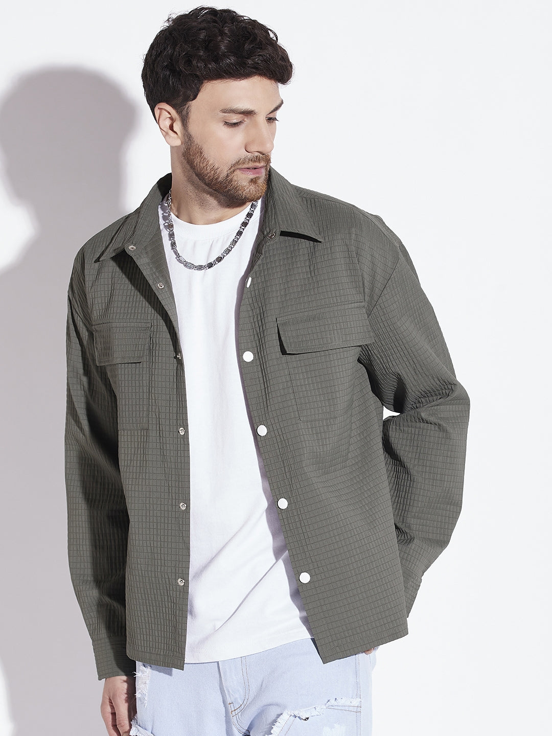 Olive Textured Over-shirt for Men