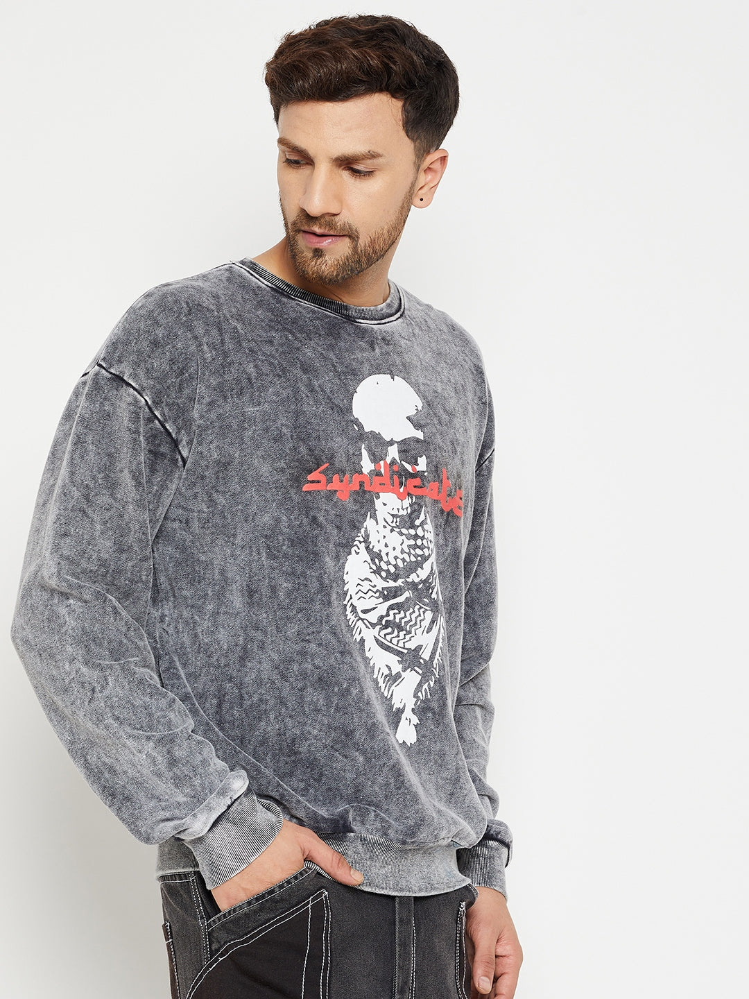 Grey Acid Wash Syndicate Graphic Sweatshirt for Men
