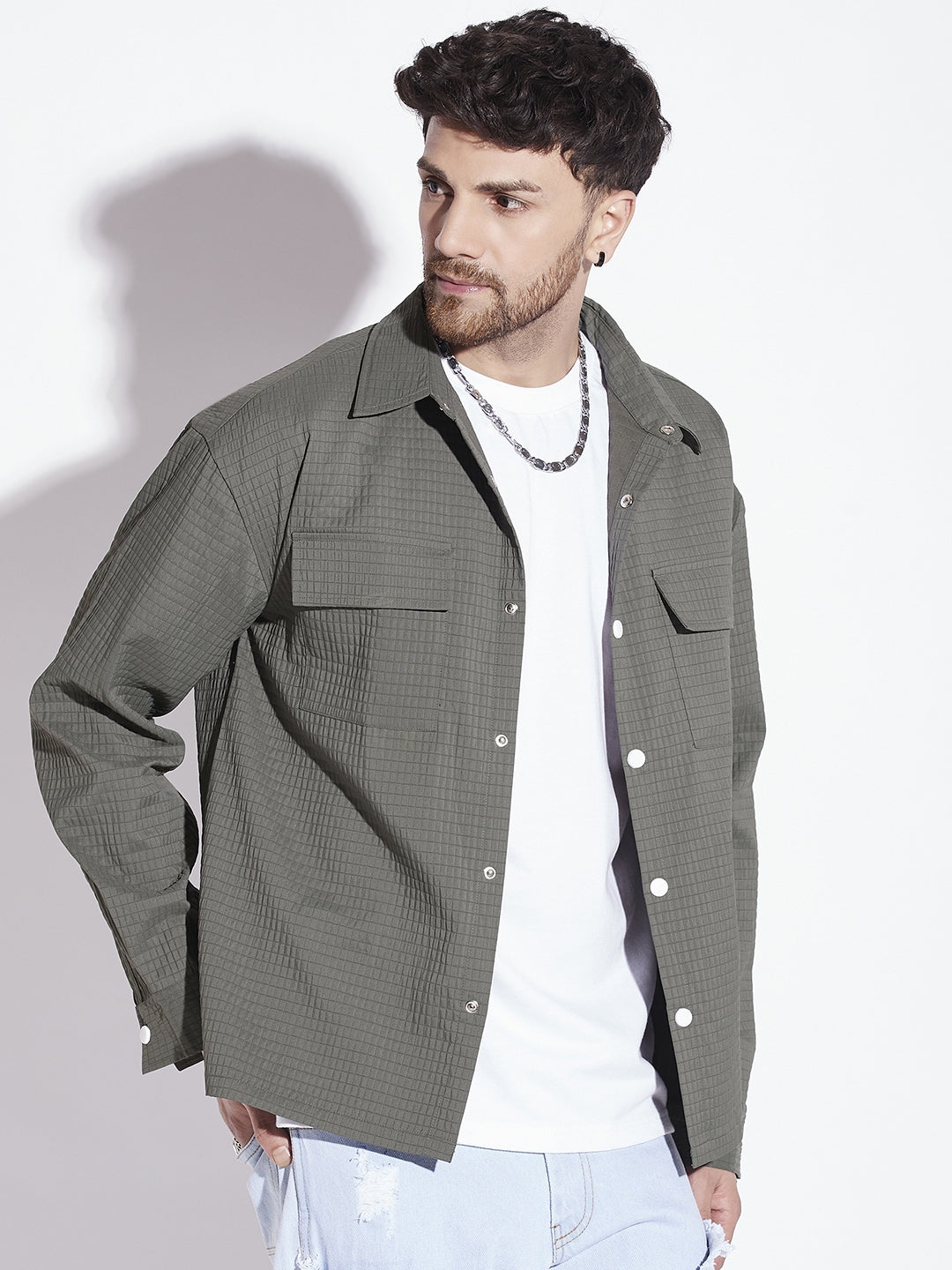 Olive Textured Over-shirt for Men