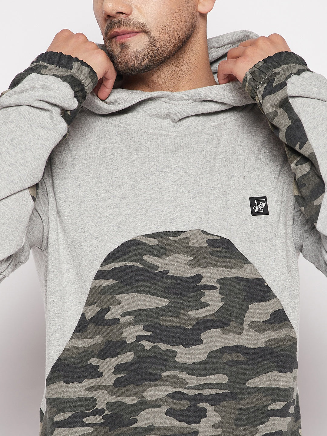 Grey Camo Cut-Sew Hoodie Sweatshirt