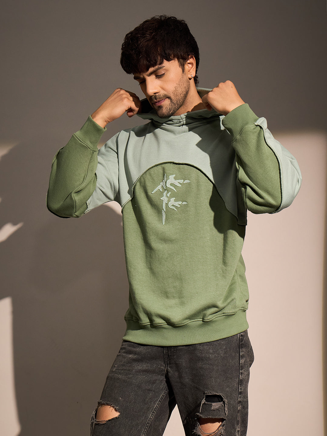 Mineral Green Two-Tone Hoodie for Men with Graphic Print