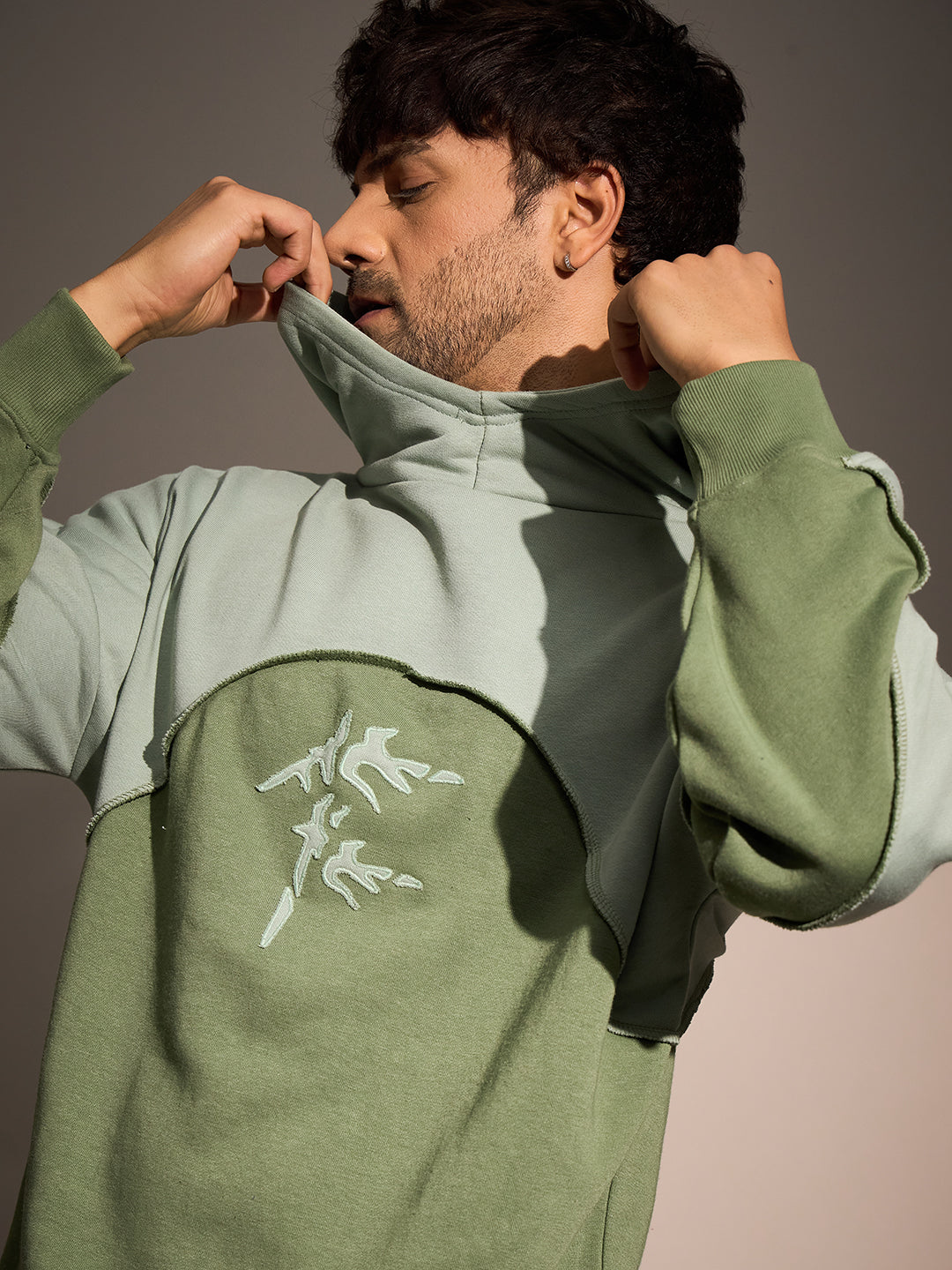 Mineral Green Two-Tone Hoodie for Men with Graphic Print