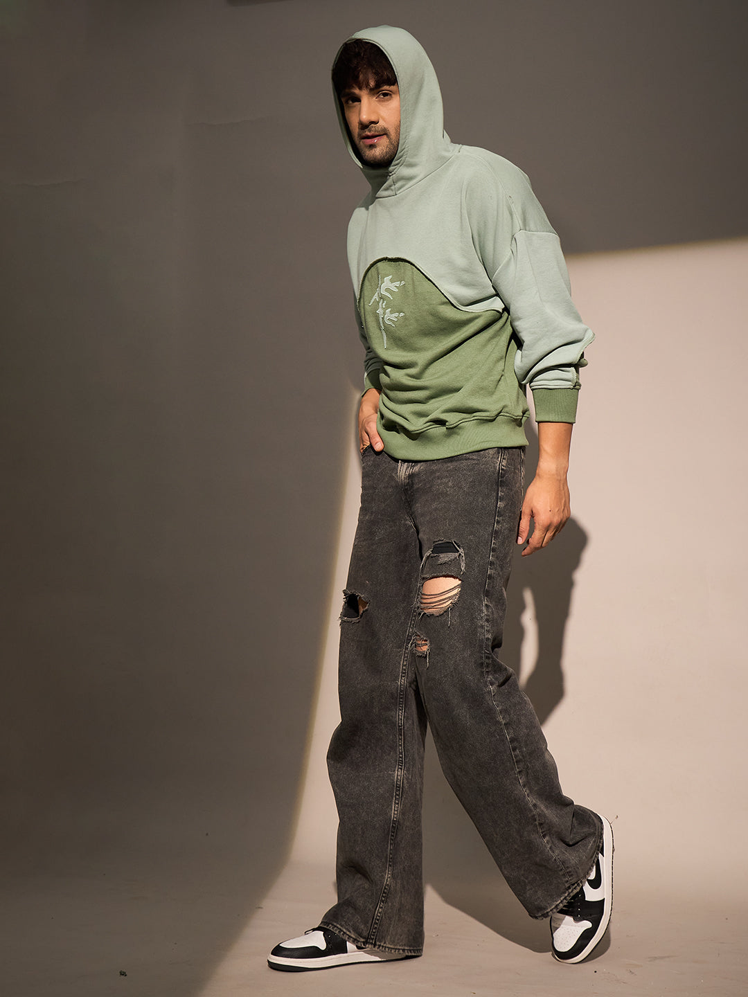 Mineral Green Two-Tone Hoodie for Men with Graphic Print