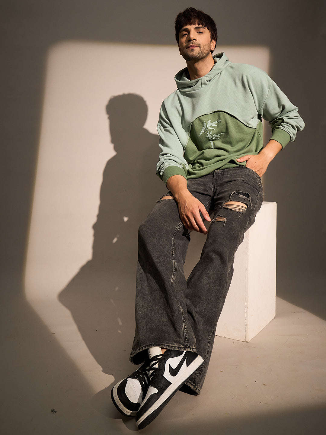 Mineral Green Two-Tone Hoodie for Men with Graphic Print
