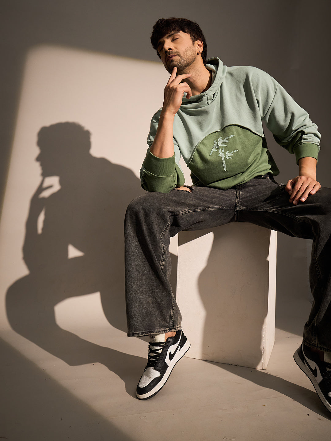 Mineral Green Two-Tone Hoodie for Men with Graphic Print