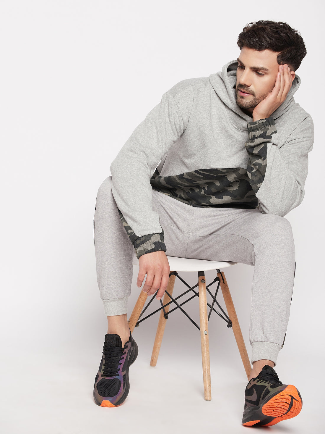 Grey Camo Cut-Sew Hoodie Sweatshirt