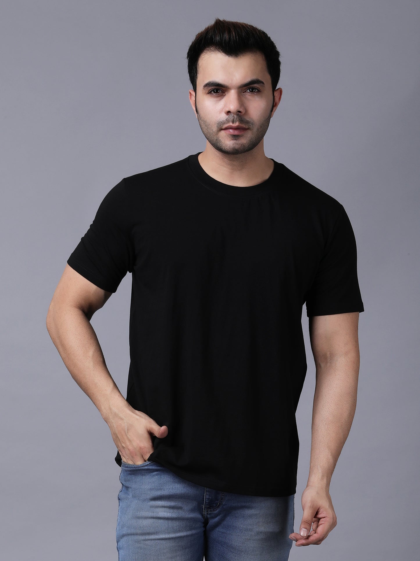 Regular Fit Solid Black Tshirt with Stretch