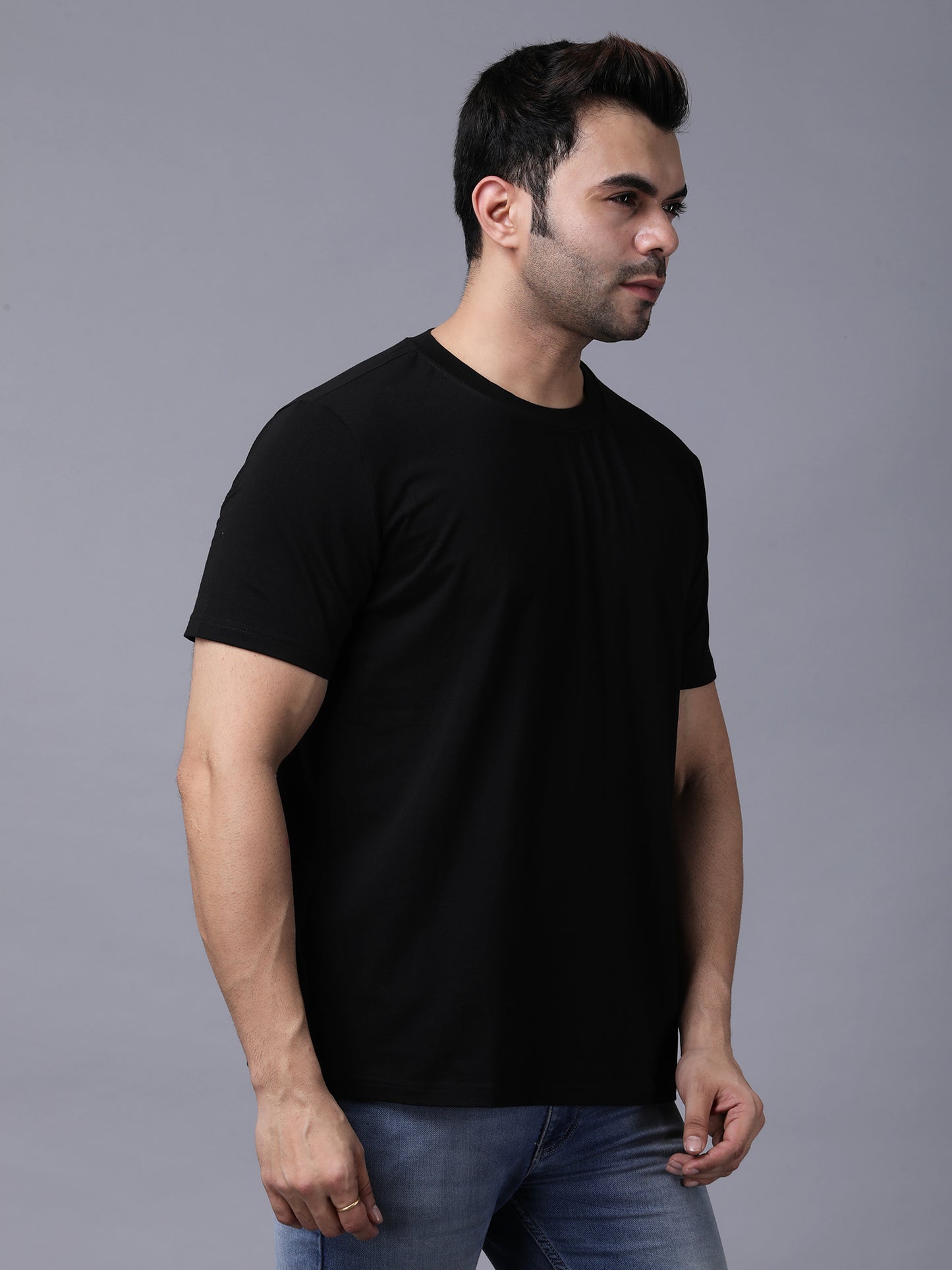 Regular Fit Solid Black Tshirt with Stretch