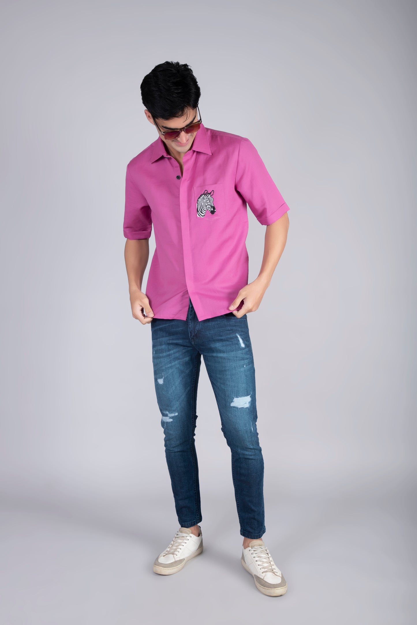 Men’s Pink Linen Shirt with Embroidery