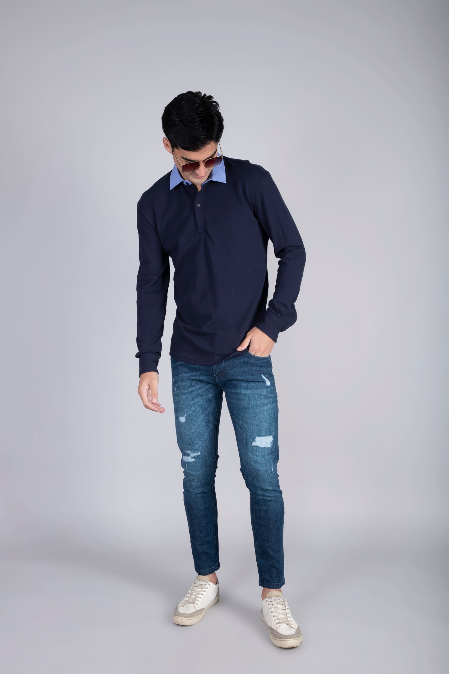 Men’s Navy Blue Polo Sweatshirt with Contrast Collar