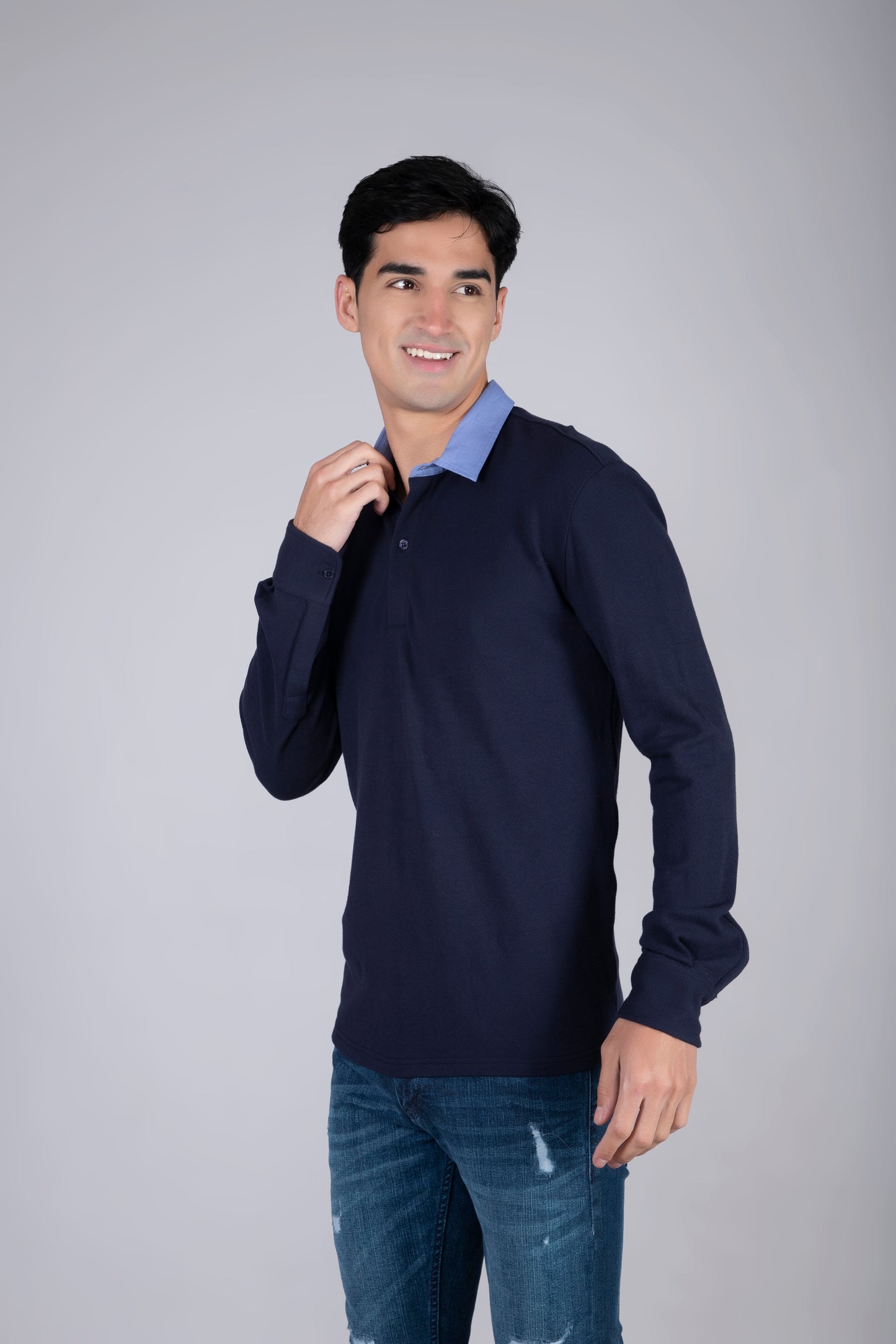 Men’s Navy Blue Polo Sweatshirt with Contrast Collar