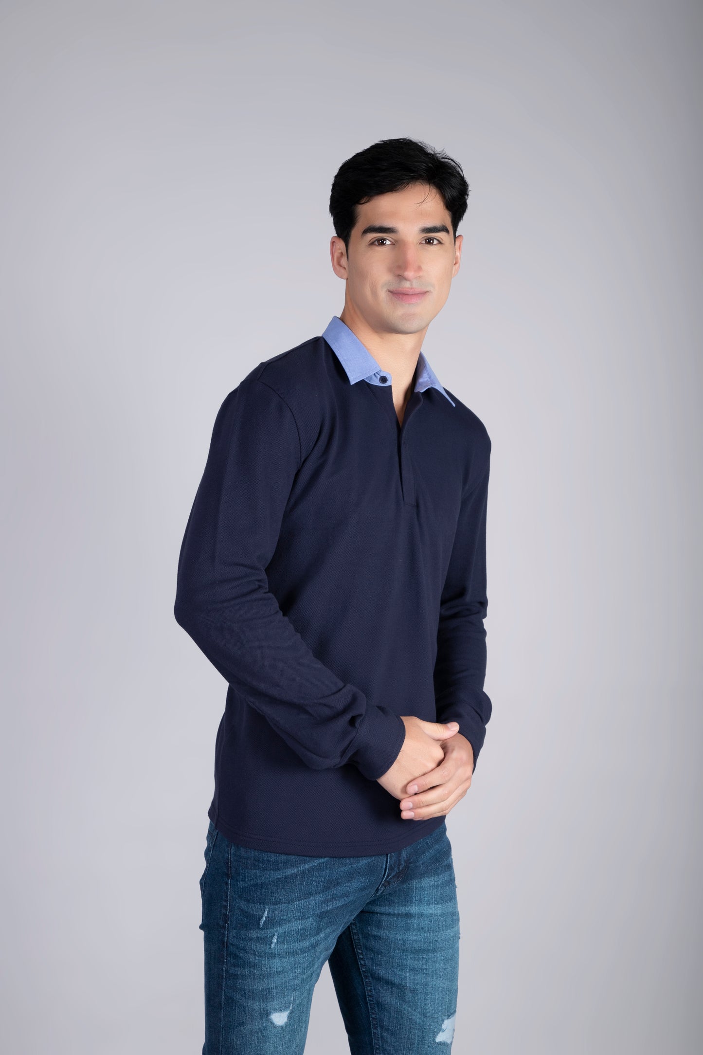 Men’s Navy Blue Polo Sweatshirt with Contrast Collar