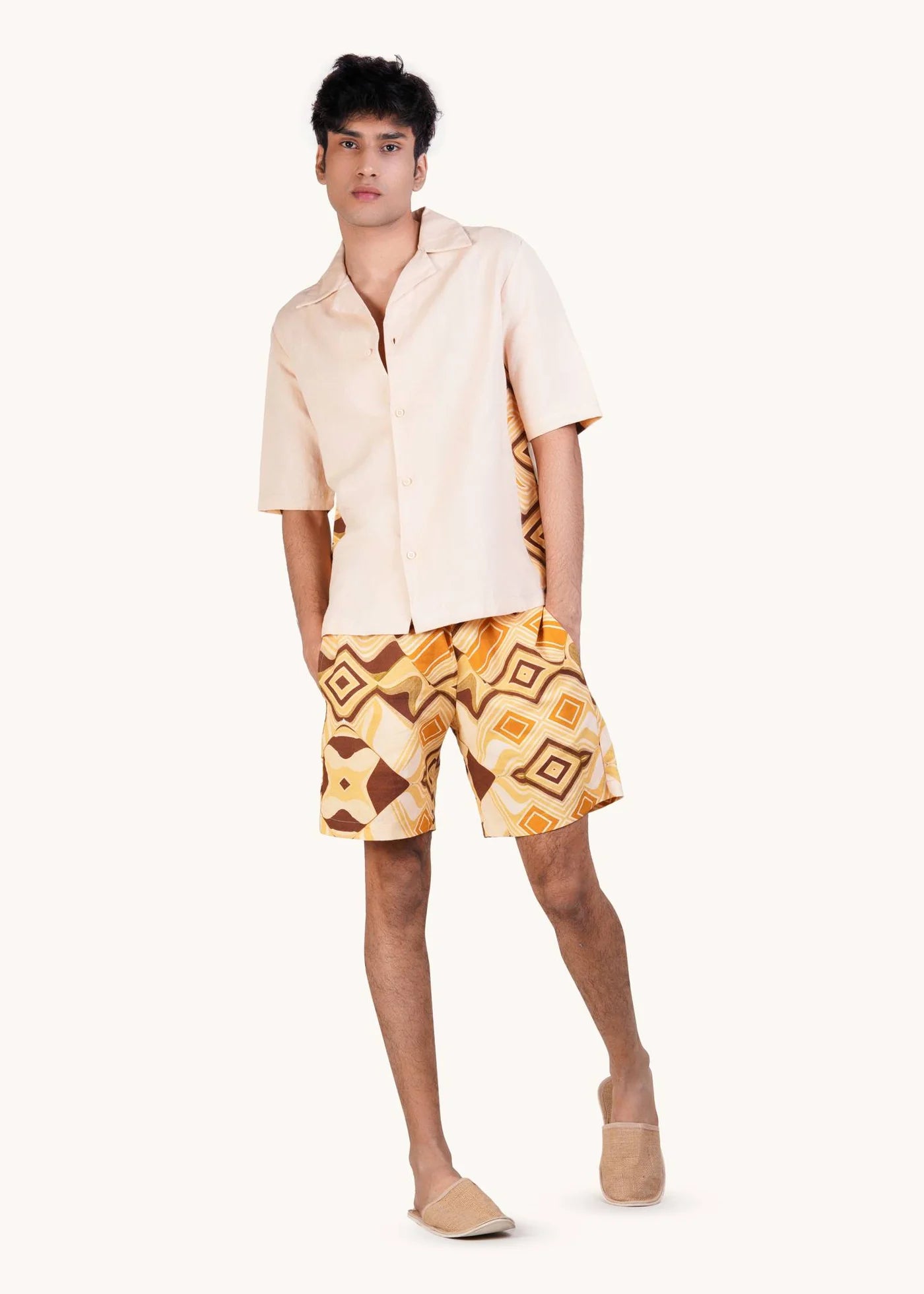 Men’s Beige & Mustard Retro Geometric Print Shirt for Summer Vacations
