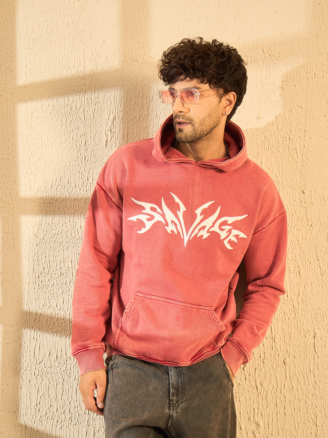 Peach Mineral Wash Heavyweight Embroidered Oversized Hoodie For Men