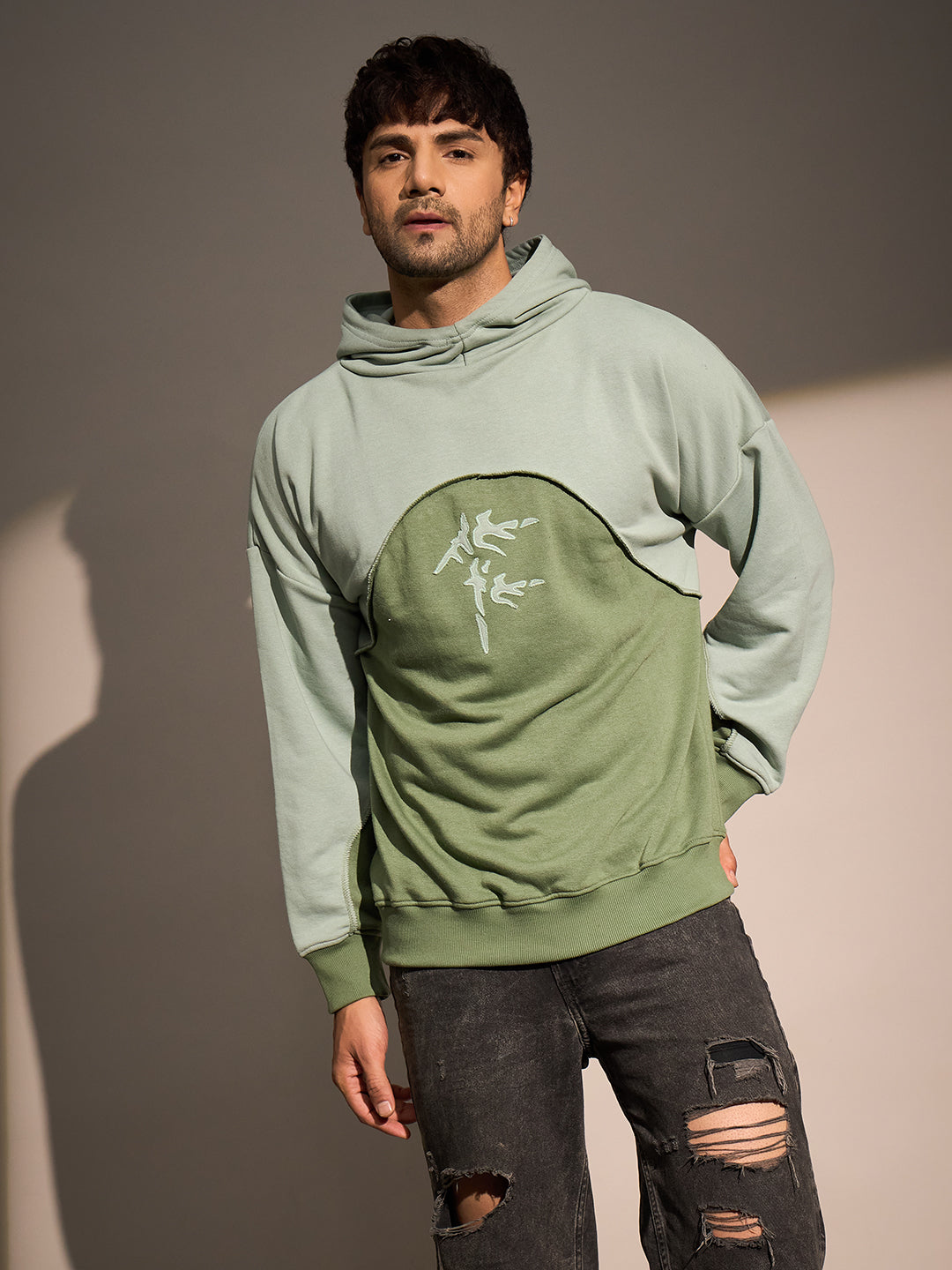 Mineral Green Two-Tone Hoodie for Men with Graphic Print