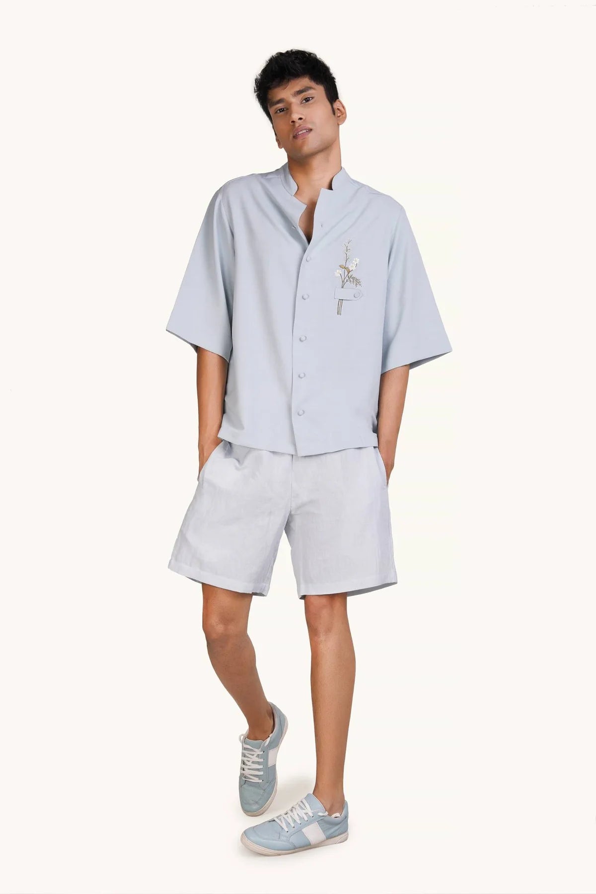 Men’s Powder Blue Relaxed Fit Embroidered Floral Cuban Shirt