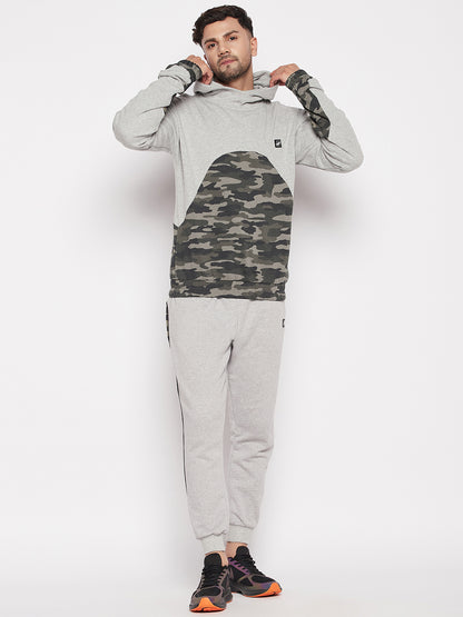 Grey Camo Cut-Sew Hoodie Sweatshirt