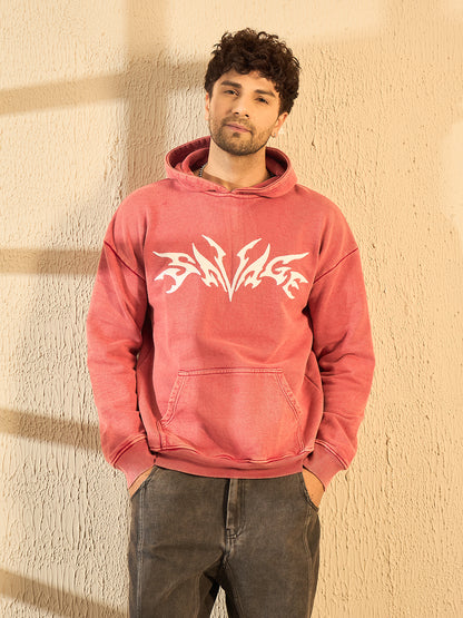 Peach Mineral Wash Heavyweight Embroidered Oversized Hoodie For Men