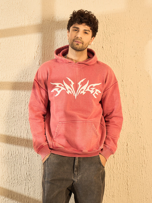 Peach Mineral Wash Heavyweight Embroidered Oversized Hoodie For Men