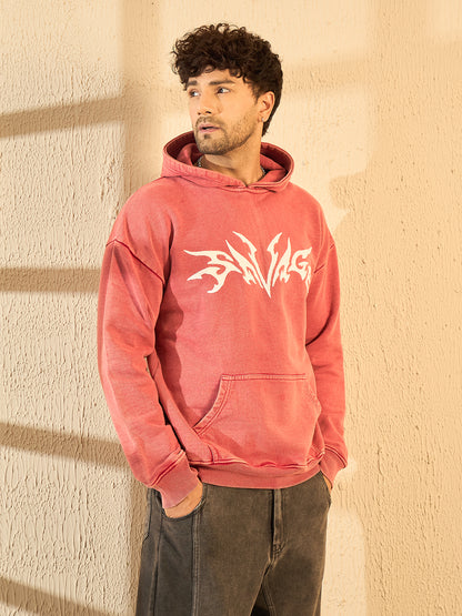 Peach Mineral Wash Heavyweight Embroidered Oversized Hoodie For Men