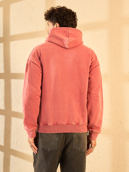 Peach Mineral Wash Heavyweight Embroidered Oversized Hoodie For Men