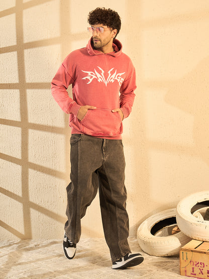 Peach Mineral Wash Heavyweight Embroidered Oversized Hoodie For Men