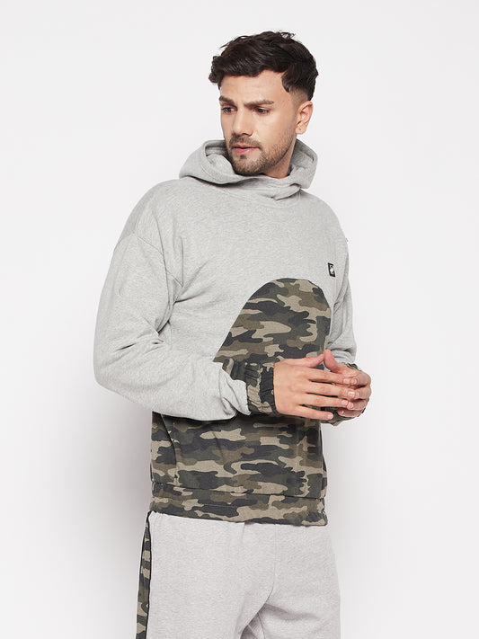 Grey Camo Cut-Sew Hoodie Sweatshirt