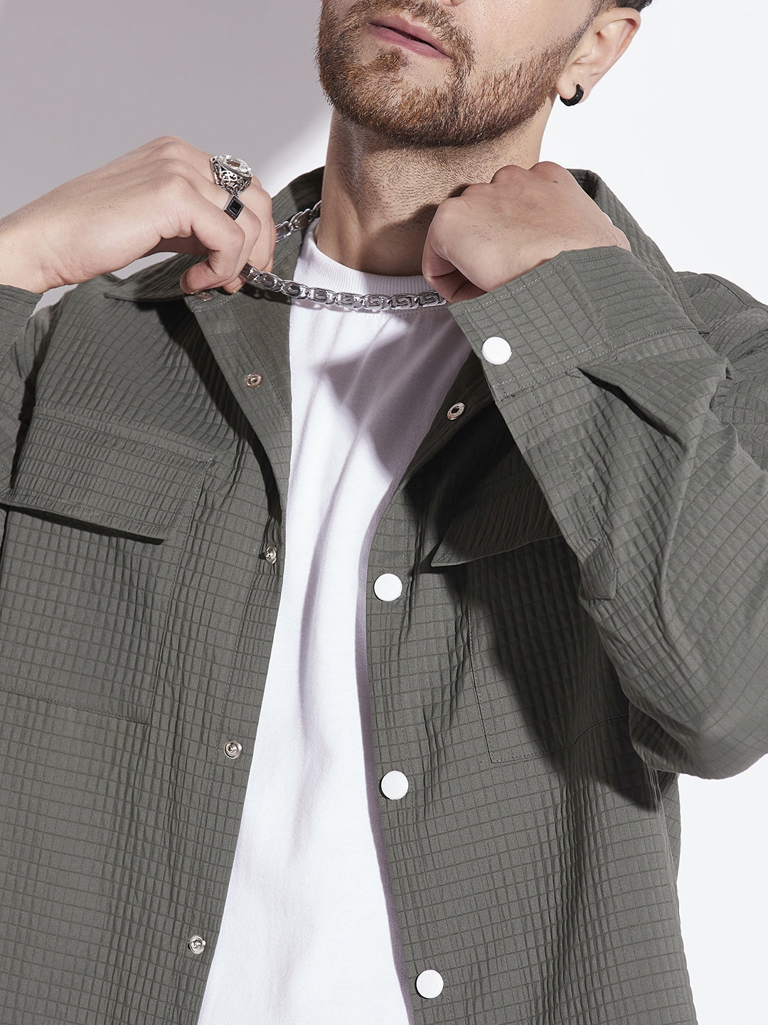 Olive Textured Over-shirt for Men