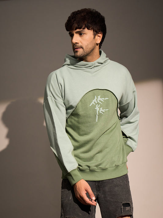Mineral Green Two-Tone Hoodie for Men with Graphic Print