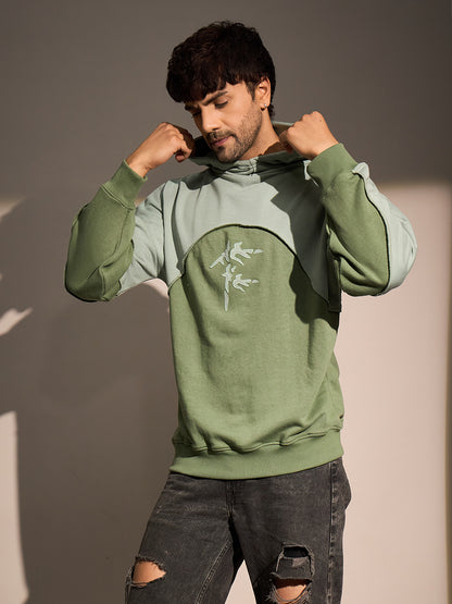 Mineral Green Two-Tone Hoodie for Men with Graphic Print