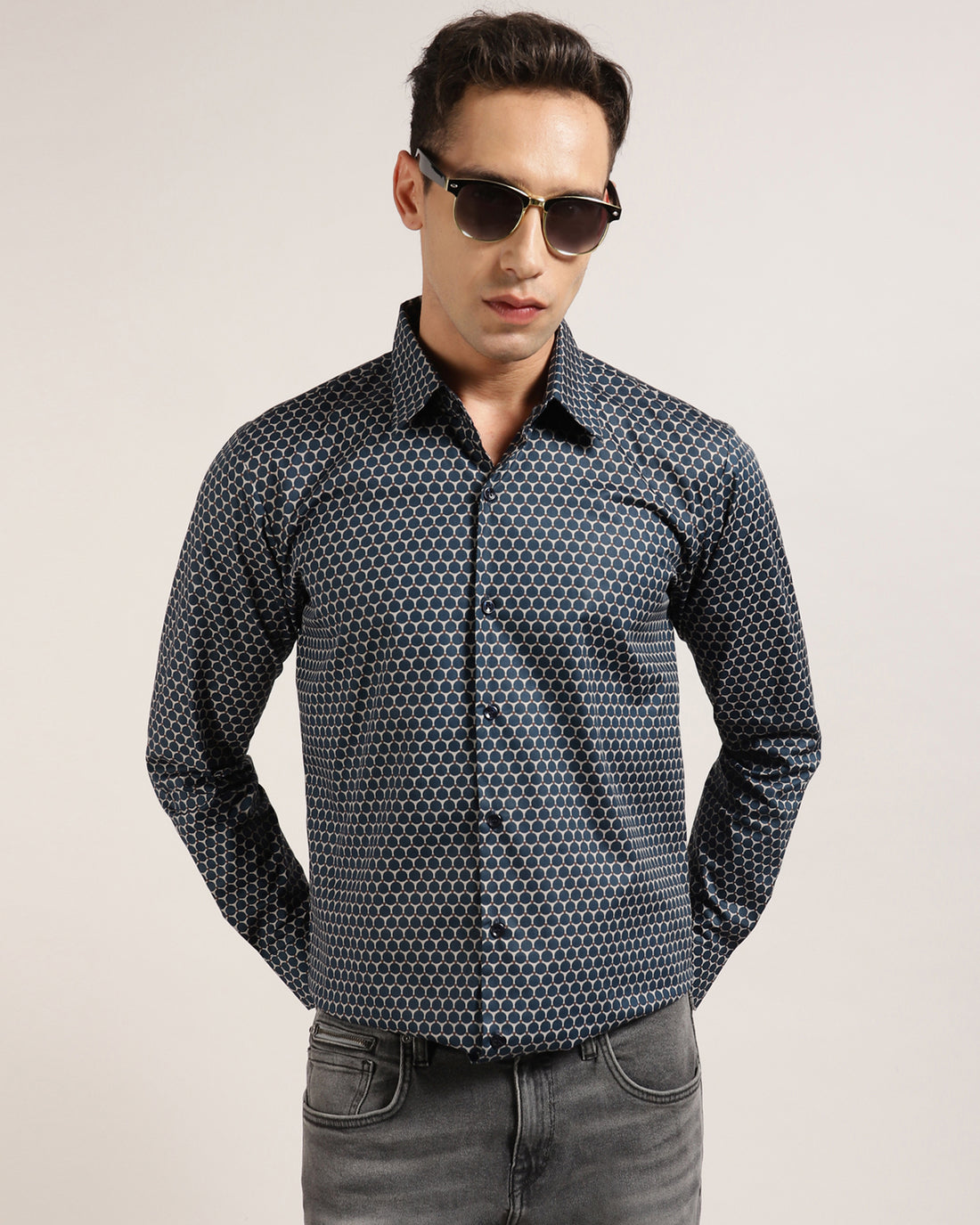 Navy Honeycomb Print Shirt For Men