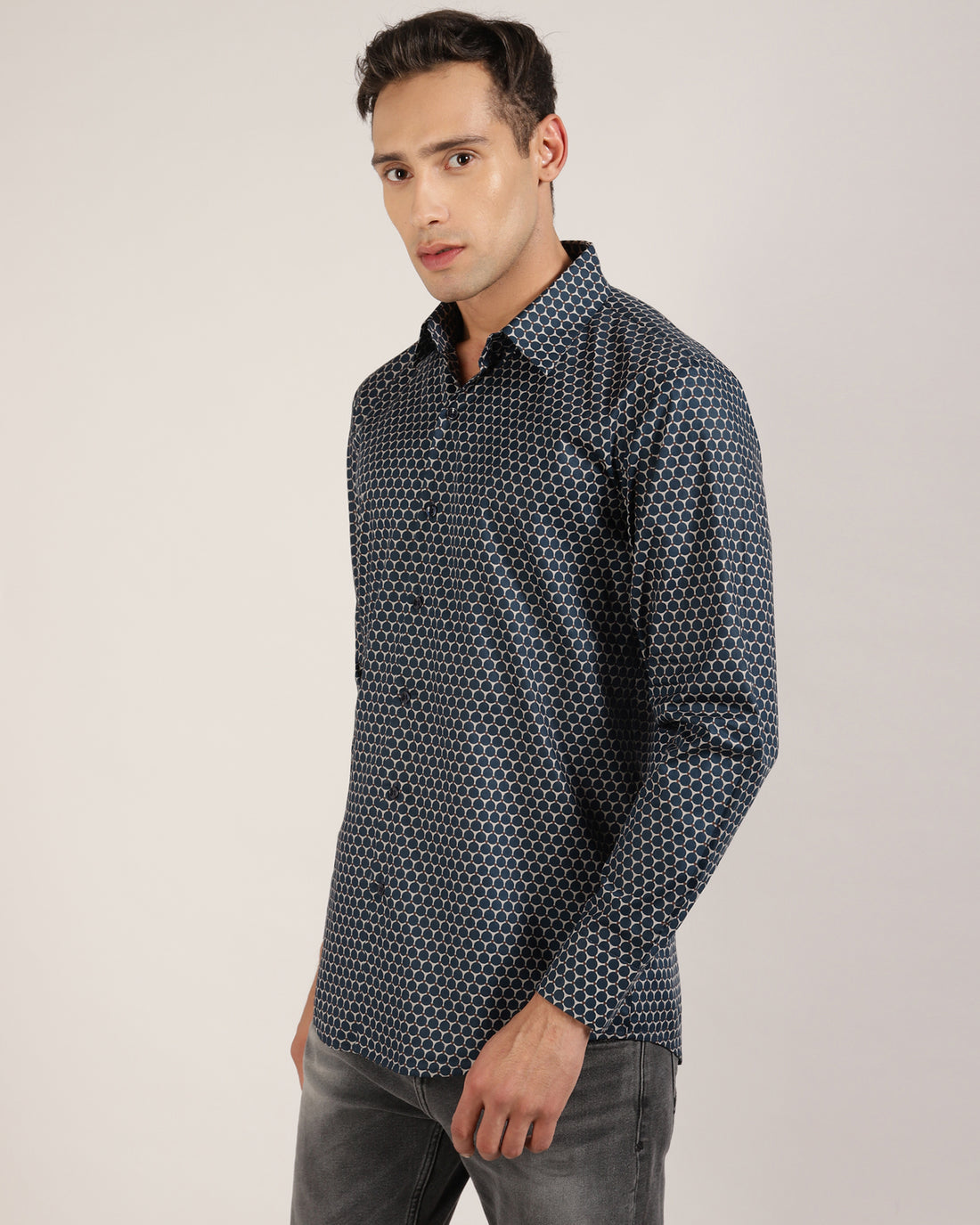 Navy Honeycomb Print Shirt For Men