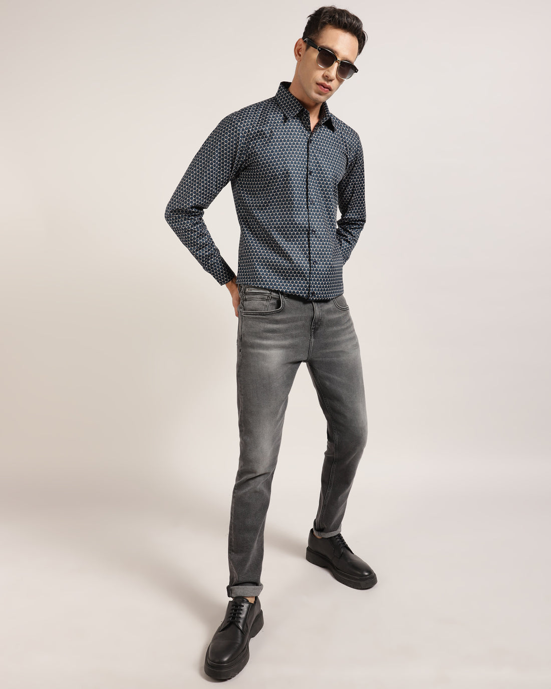 Navy Honeycomb Print Shirt For Men