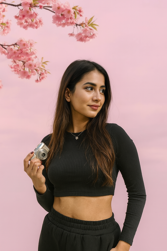 Women's Black Ribbed Knit Crop Top – Full Sleeves, Round Neck | Casual Fitted Style