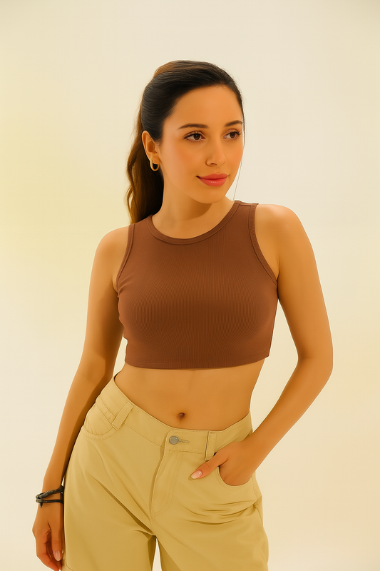 Brown Ribbed Sleeveless Women’s Summer Tank Top