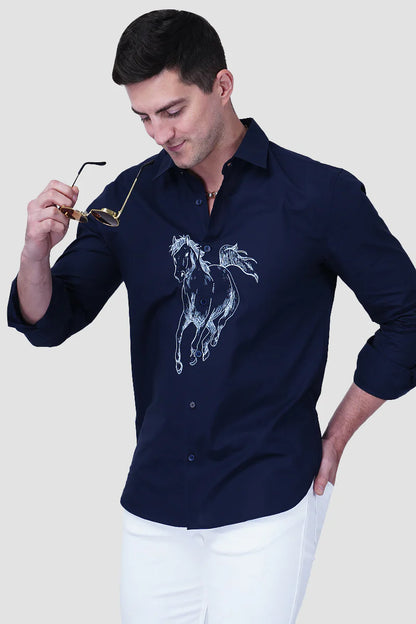 Urbane Stallion Navy Blue Designer Slim Fit Shirt