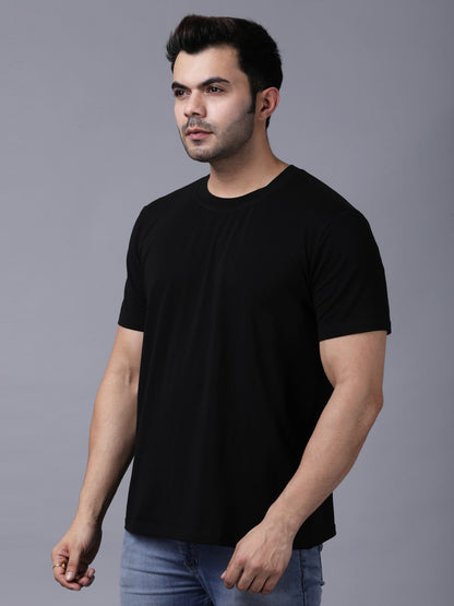 Regular Fit Solid Black Tshirt with Stretch