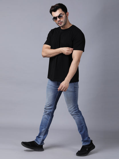 Regular Fit Solid Black Tshirt with Stretch