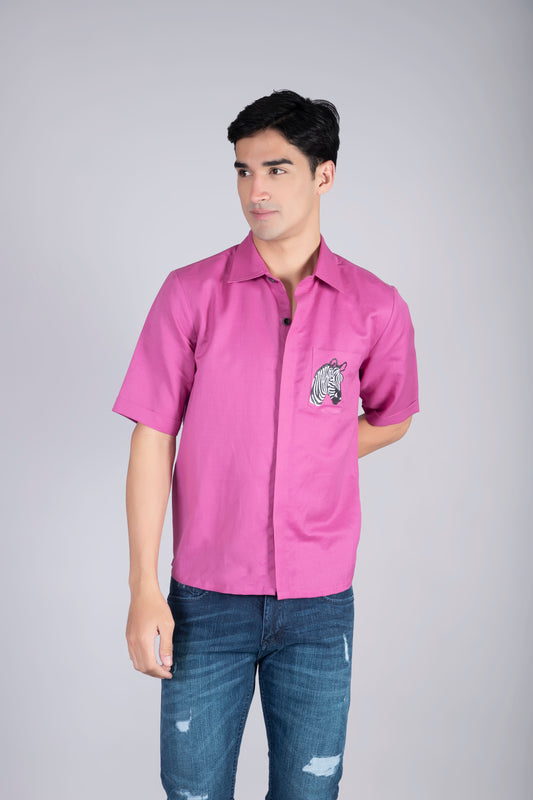 Men’s Pink Linen Shirt with Embroidery