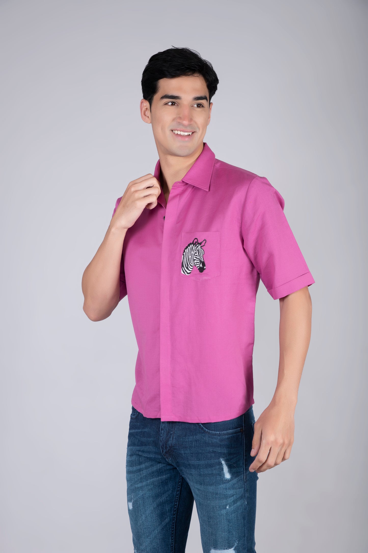 Men’s Pink Linen Shirt with Embroidery